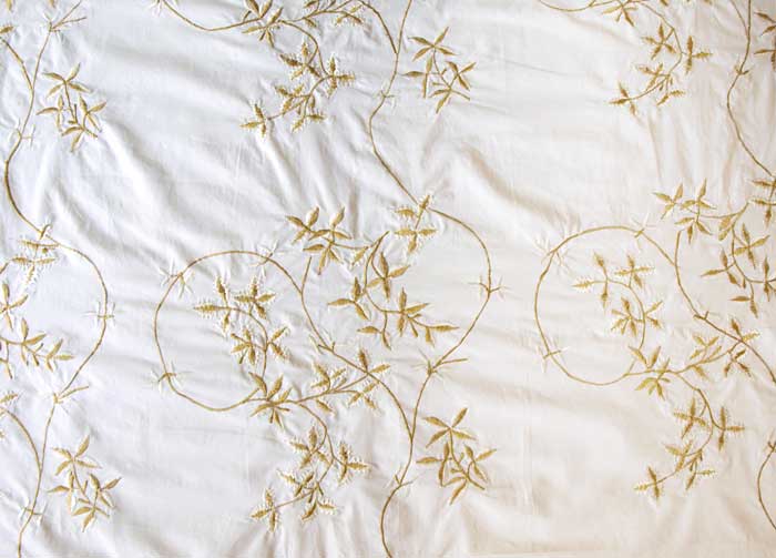 ... White Fabric with Gold  White Vines. Embroidered, Cotton Fabric